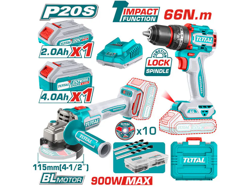 Combo Brushless 20V TOTAL UTCKLI20273 Taladro 66Nm + Pulidora 4 1/2