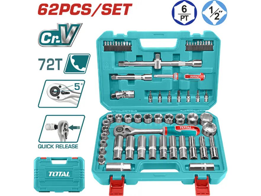 Juego de Rache con Copas Industrial TOTAL THT121602 1/2 Pulgada 62 Piezas - Envío a todo Colombia | aztools.co