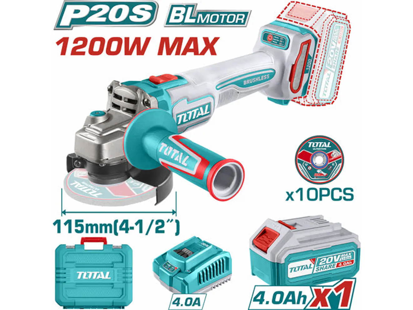 Pulidora Inalambrica 4 1/2 Industrial 20 V 1200W Incluye Bateria 4.0 Ah, Cargador Y 10 Discos, Motor Sin Escobillas Industrial Super Total Utagli2211531 - Envío a todo Colombia | aztools.co