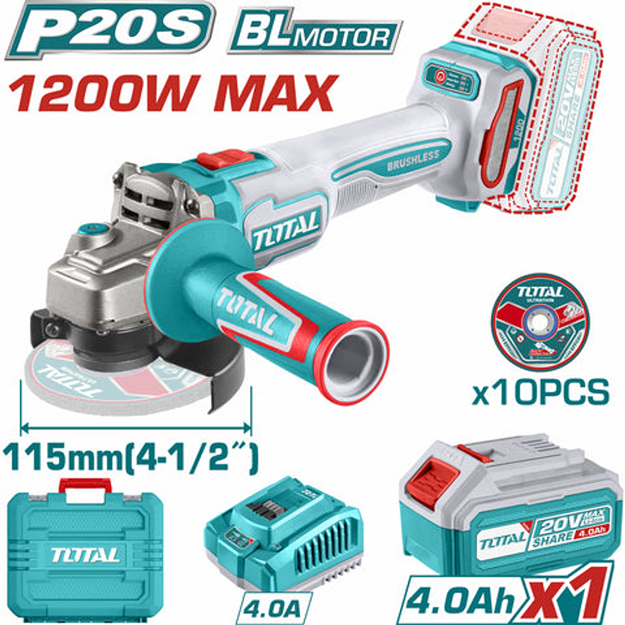 Pulidora Inalambrica 4 1/2 Industrial 20 V 1200W Incluye Bateria 4.0 Ah, Cargador Y 10 Discos, Motor Sin Escobillas Industrial Super Total Utagli2211531 - Envío a todo Colombia | aztools.co