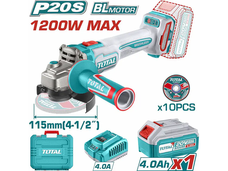 Pulidora Inalambrica 4 1/2 Industrial 20 V 1200W Incluye Bateria 4.0 Ah, Cargador Y 10 Discos, Motor Sin Escobillas Industrial Super Total Utagli2211531A - Envío a todo Colombia | aztools.co