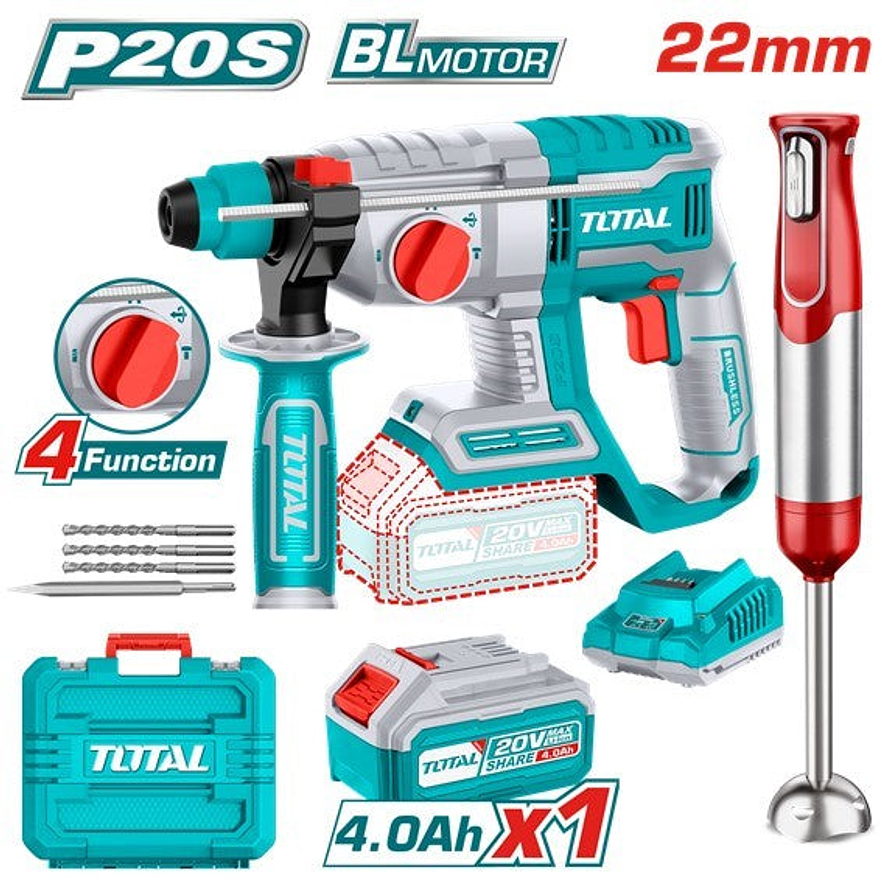 Combo De Taladro Rotomartillo Inalambrico Sds Plus 20V Incluye 1 Bateria, 1 Cargador,3 Brocas 1 Cincel Total Y Batidora De Mano Decakila Utosli240208