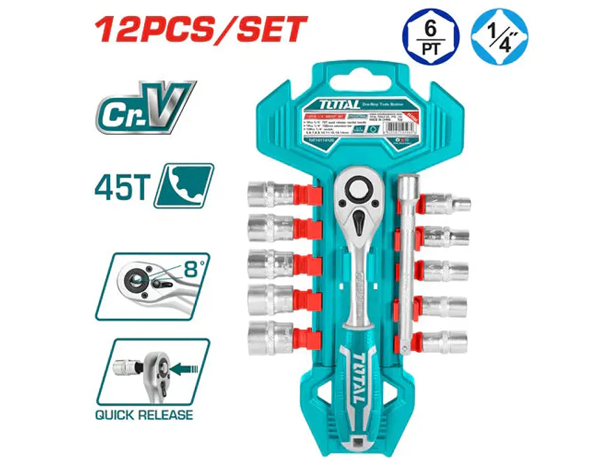 Juego de Rache con Copas Industrial TOTAL THT14114126 1/4 Pulgada 12 Piezas - Envío a todo Colombia | aztools.co