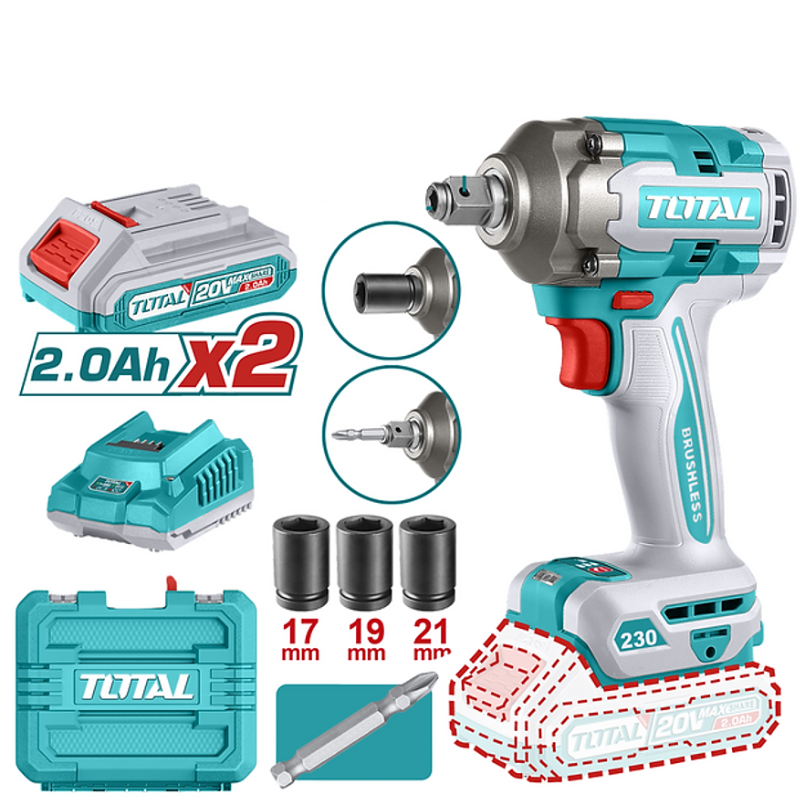Pistola Impacto 20V Incluye 2 Baterias 1 Cargador Copas De 17,19,21 Y Punta Destornillador Industrial Super TotalUtiwli20236A