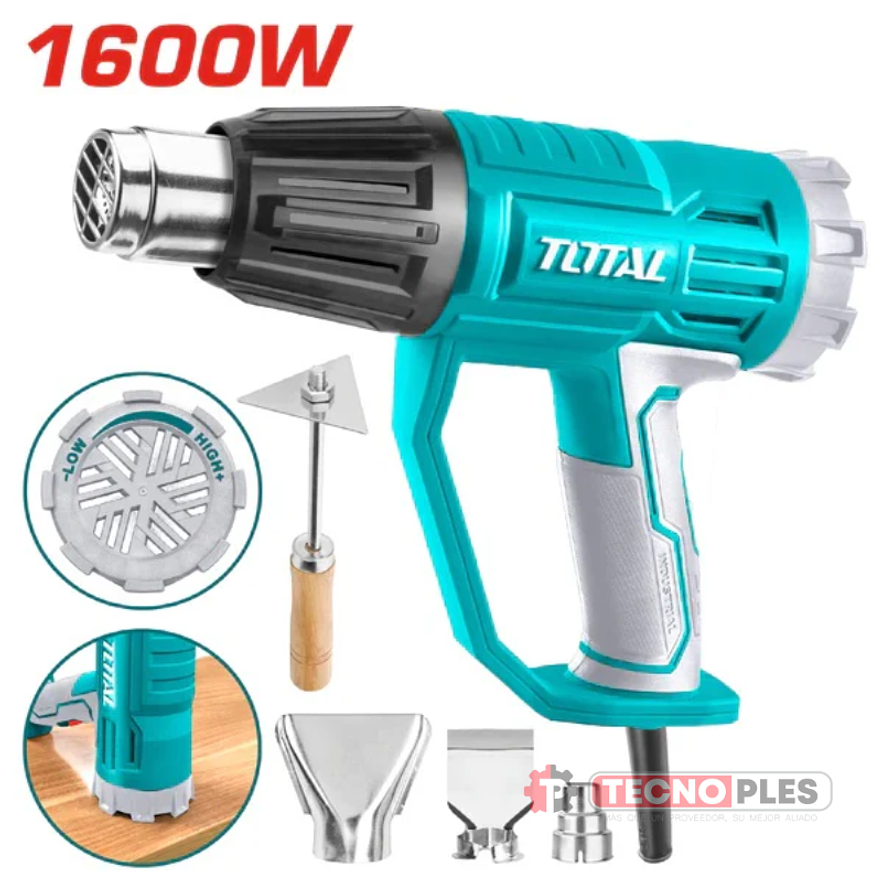 Pistola calor con temperatura ajustable 1600W incluye 3 boquillas y 1 rascador industrial Total UTB16045