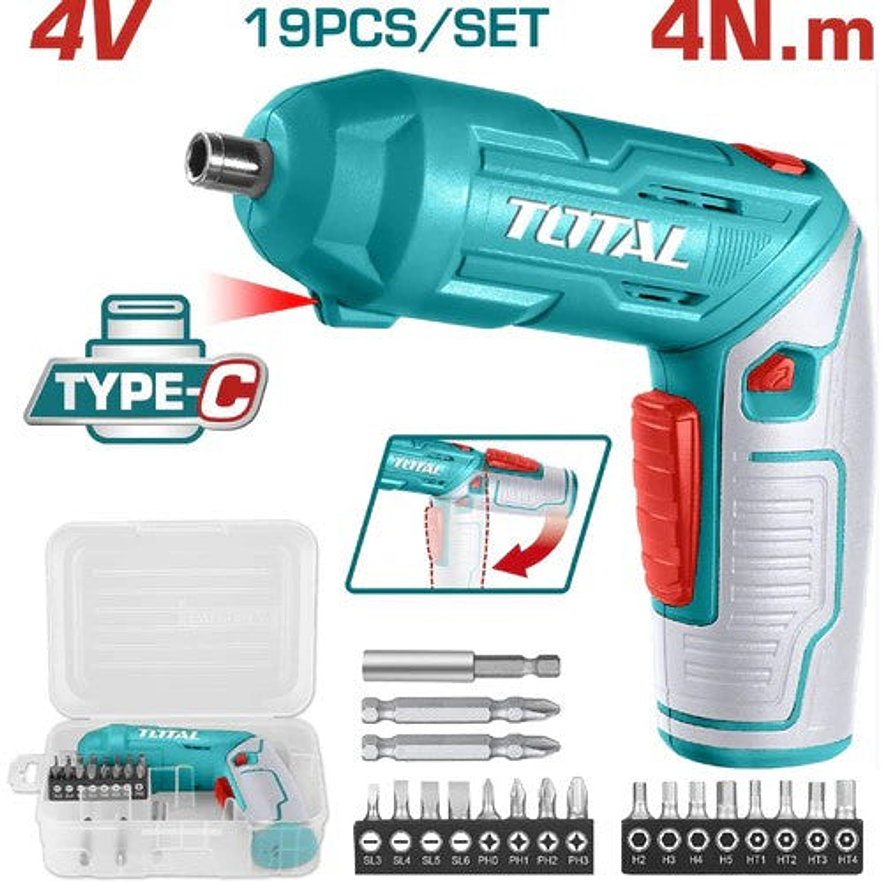 Atornillador Inalambrico 4V Total Tsdli0442, Estuche Plastico + 16 Puntas Taladro De 25Mm, 2 De 50Mm Super  - Foto 1 | aztools.co