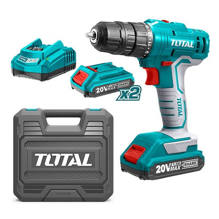 Taladro Inalambrico 3/8 Caja Plastica Incluye 2 Baterias Ion Litio 20V Total Super Select Utdli20012