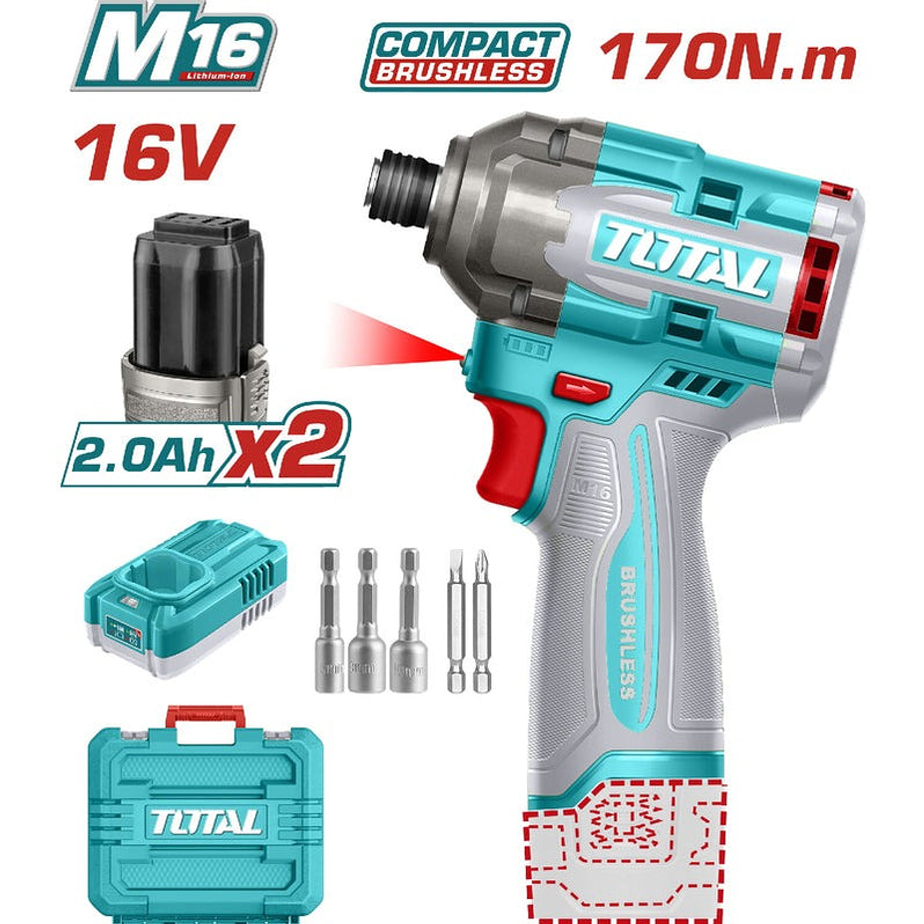 Atornillador De Impacto Inalambrico 16V 170Nm Incluye 2 Baterias 2.0Ah, Cargador, Punta Taladro Y Copa Industrial Super Total Utirli16178