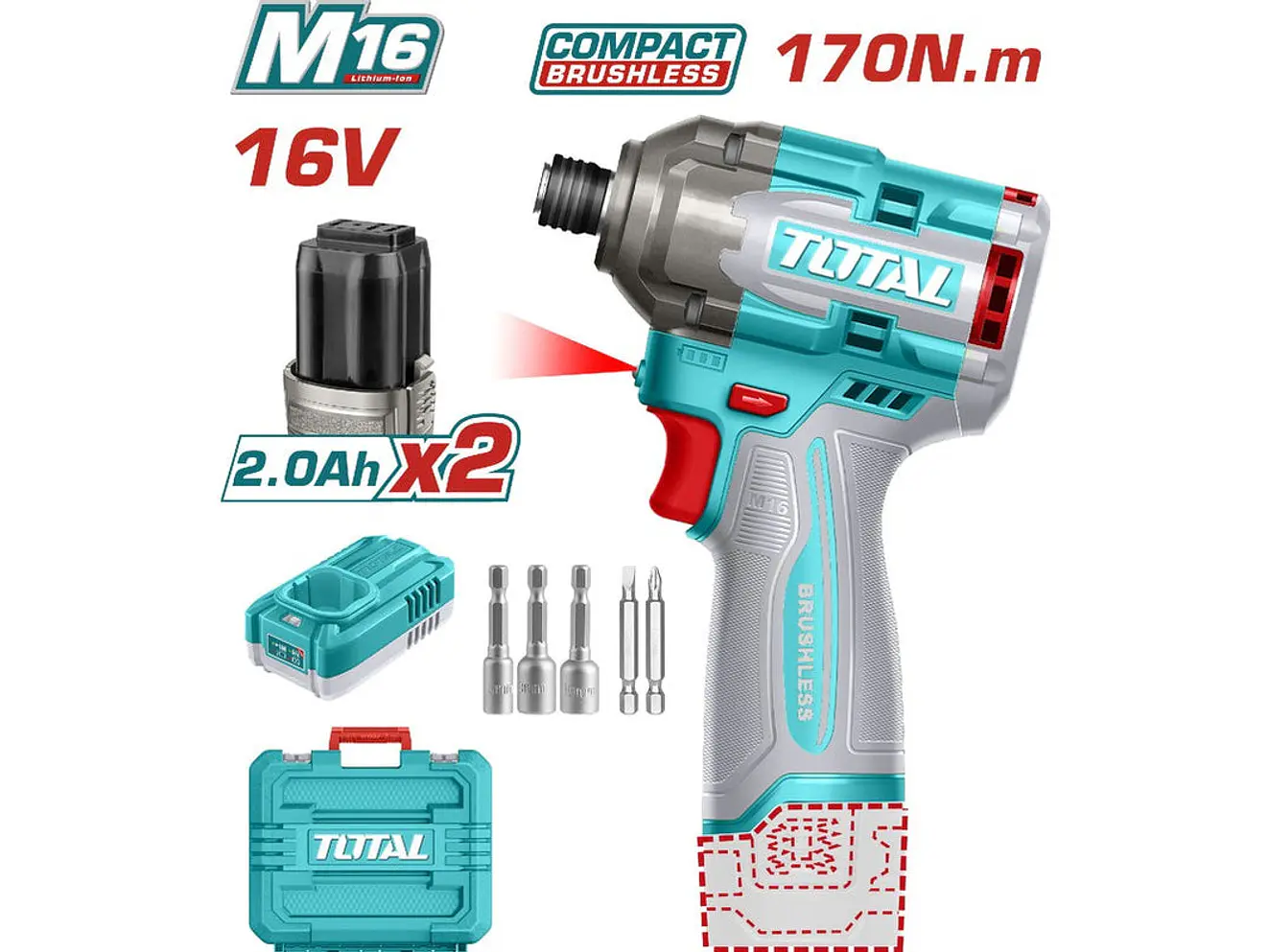 Atornillador De Impacto Inalambrico 16V 170Nm Incluye 2 Baterias 2.0Ah, Cargador, Punta Taladro Y Copa Industrial Super Total Utirli16178 - Envío a todo Colombia | aztools.co