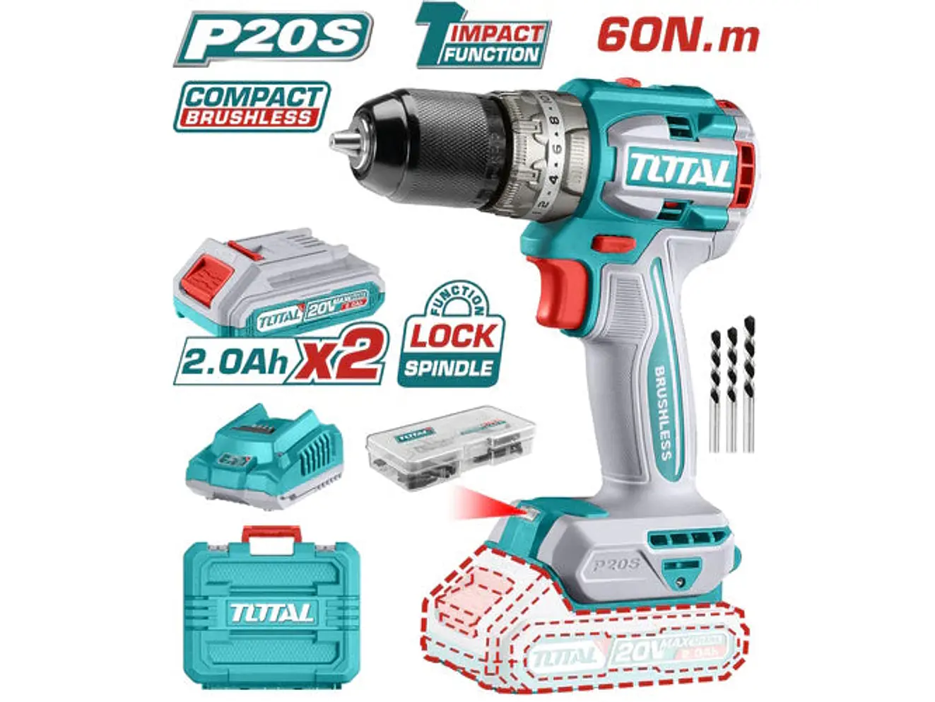 Taladro De Impacto Inalambrico 1/2 20V Incluye 2 Bateria De 2.0Ah, Cargador,47 Accesorios,3 Brocas Concreto Total Utidli20602 - Envío a todo Colombia | aztools.co