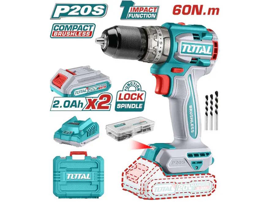 Taladro De Impacto Inalambrico 1/2 20V Incluye 2 Bateria De 2.0Ah, Cargador,47 Accesorios,3 Brocas Concreto Total Utidli20602 - Envío a todo Colombia | aztools.co
