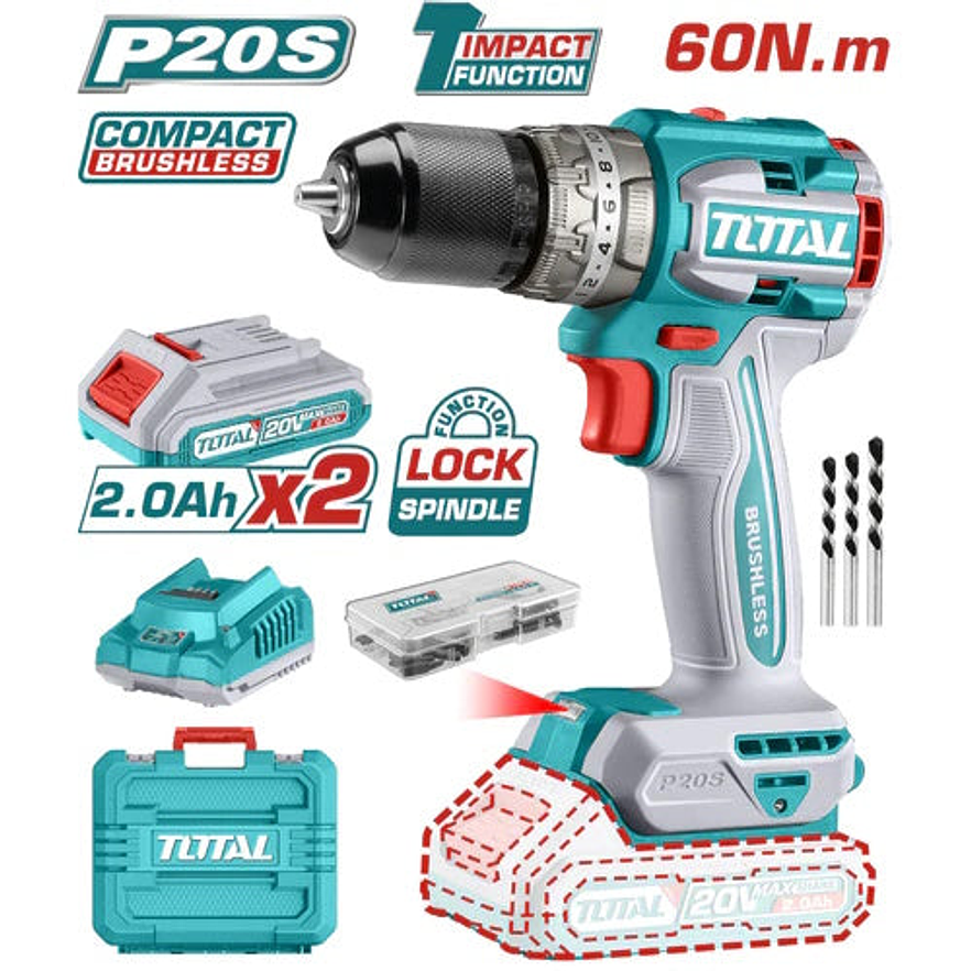 Taladro De Impacto Inalambrico 1/2 20V Incluye 2 Bateria De 2.0Ah, Cargador,47 Accesorios,3 Brocas Concreto Total Utidli20602