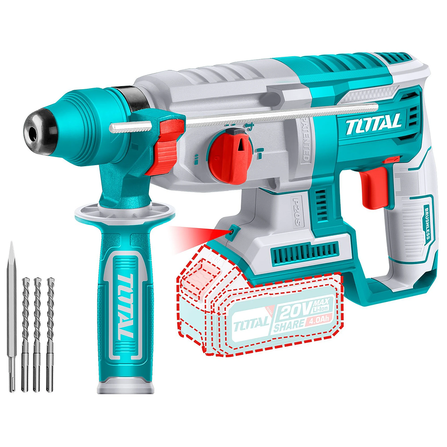 Taladro Rotomartillo 20V Sds Plus 2,5 Jules Incluye 3 Brocas Y 1 Cincel Cargador Y Bateria No Incluido Super Total Trhli20228