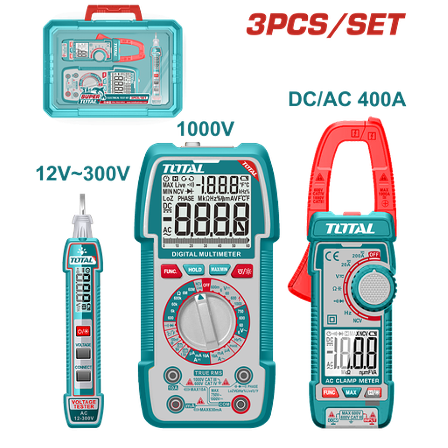Kit Medidor De Corriente Digital Incluye Probador - Tester - Pinza Super Total Tos24067