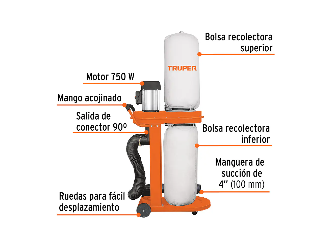 Colector de Polvo Truper 103164 con Motor de 1 HP (750 W) - Foto 2 | aztools.co