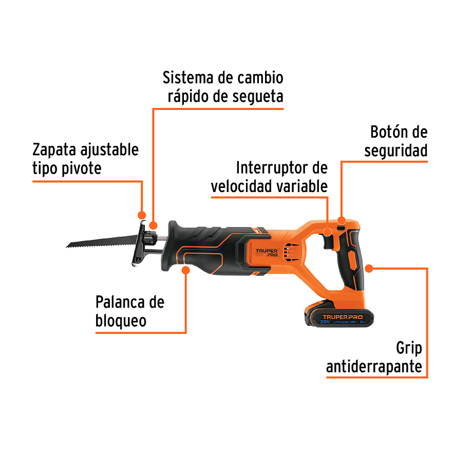 Sierra ReciTrupercante Truper 103258, 20V, con 1 Batería 2Ah 2