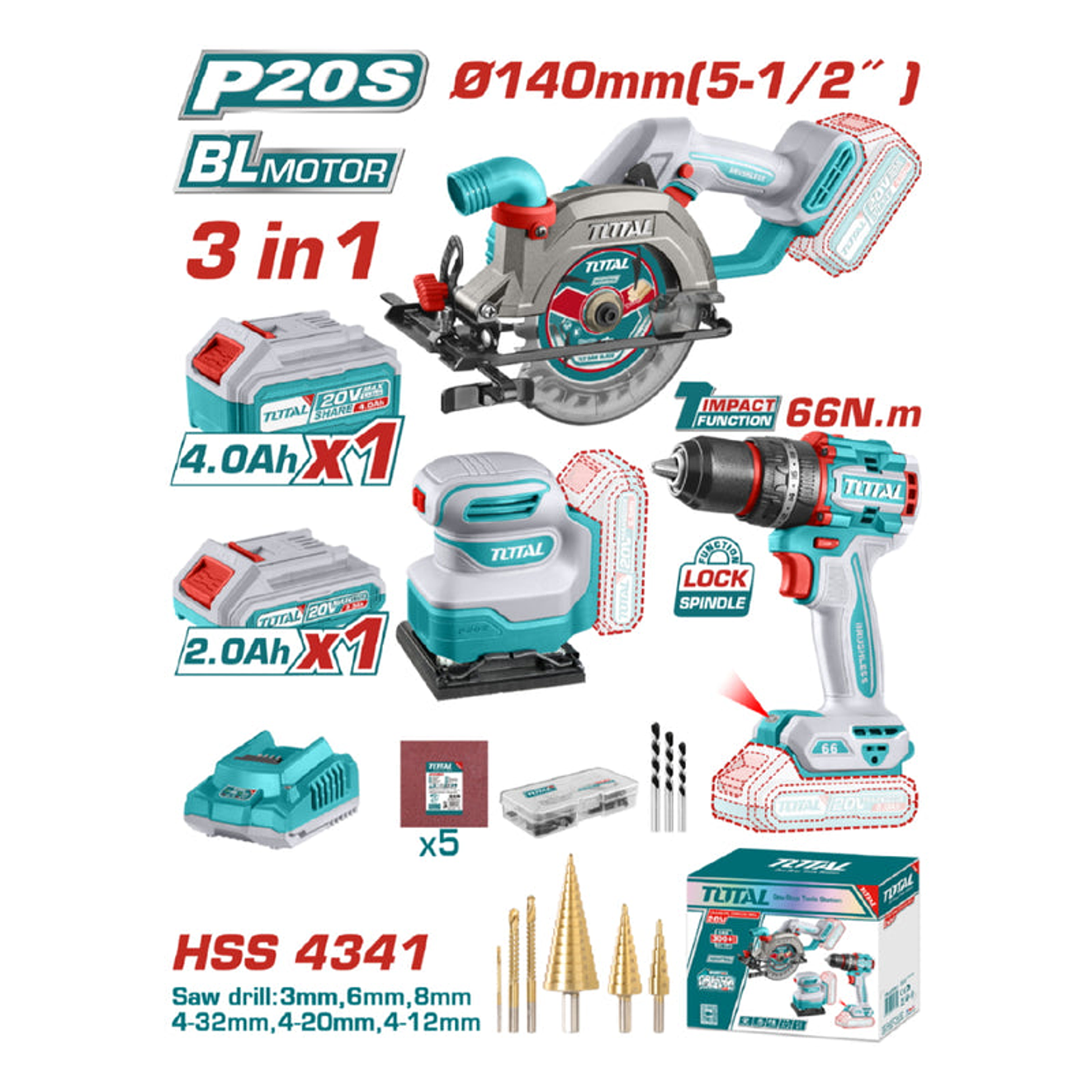 Combo Inalámbrico Total UTOSLI241193 Sierra, Taladro de Impacto y Lijadora