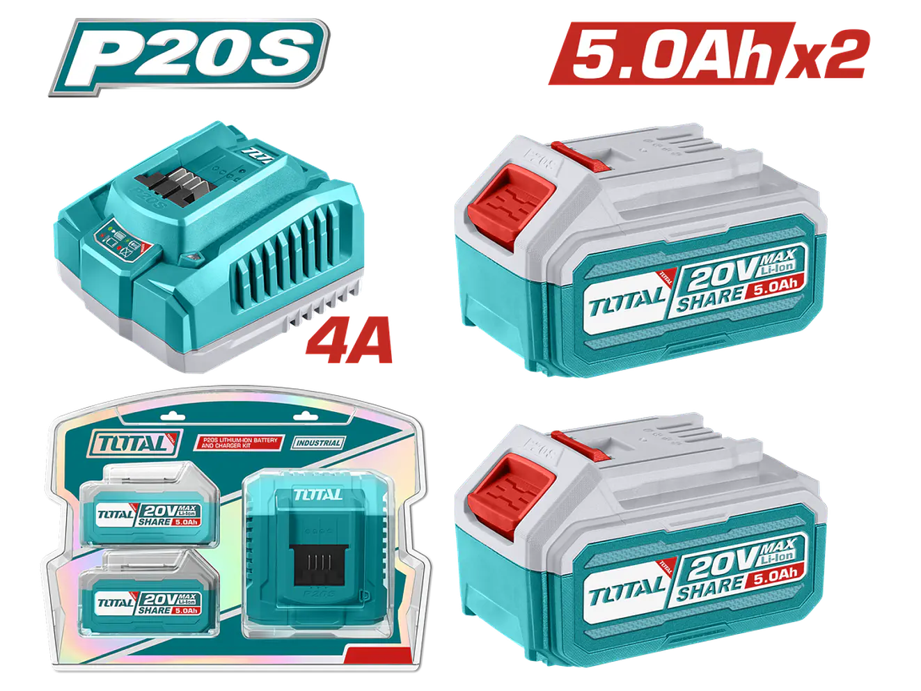 KIT DE 2 BATERIAS 5.0AH TOTAL UTFBCPK2513 + CARGADOR DE 20V INDUSTRIAL  - Envío a todo Colombia | aztools.co