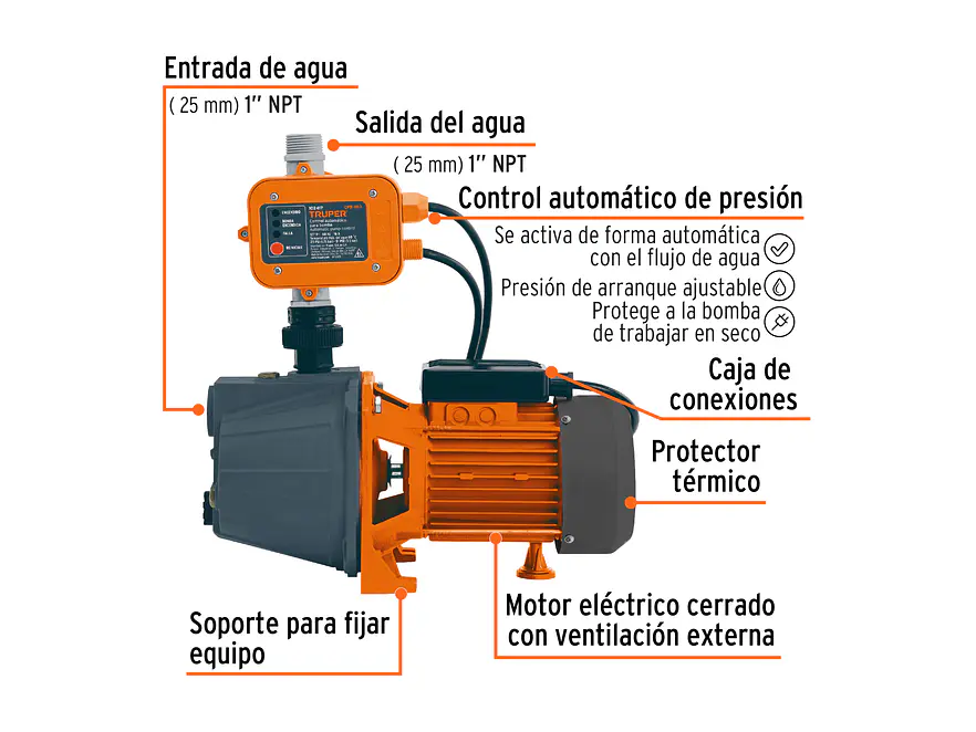 Bomba Presurizadora Jet Truper PRE-1 102855 1 HP 50m Altura 2 Servicios 110V - Foto 2 | aztools.co