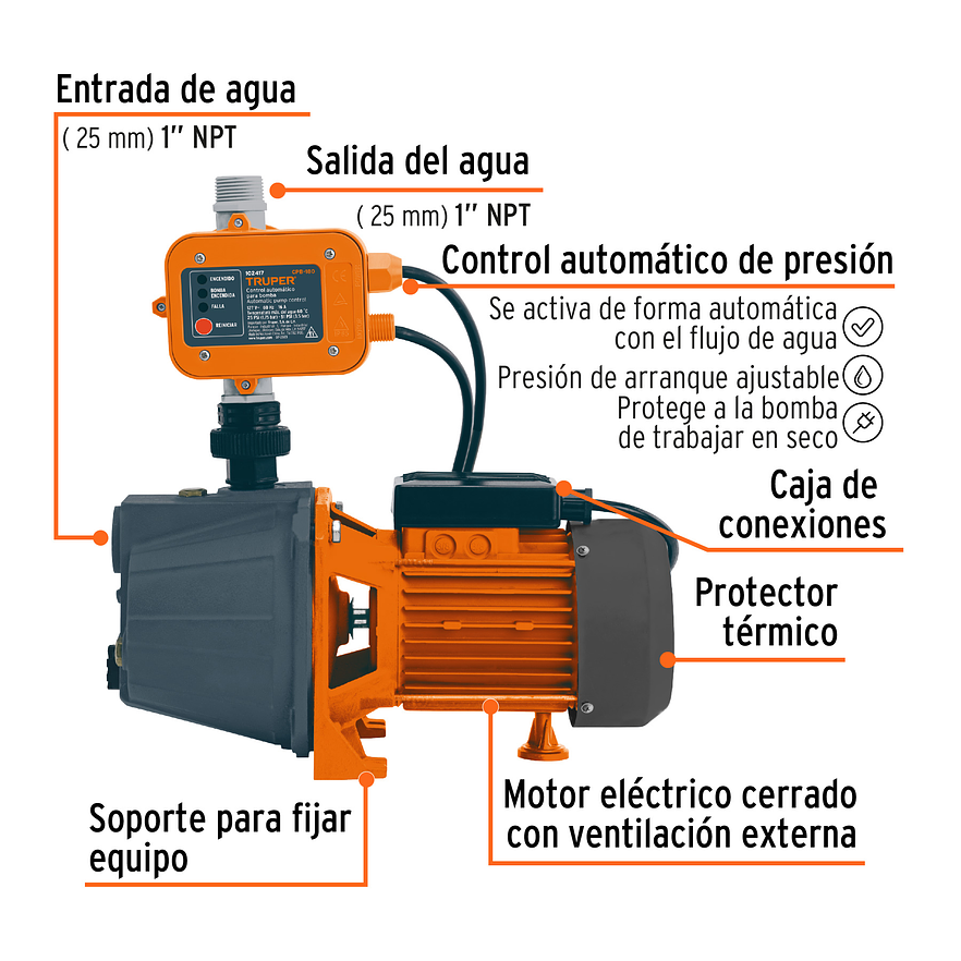 Bomba Presurizadora Jet Truper PRE-1 102855 1 HP 50m Altura 2 Servicios 110V - Foto 2 | aztools.co