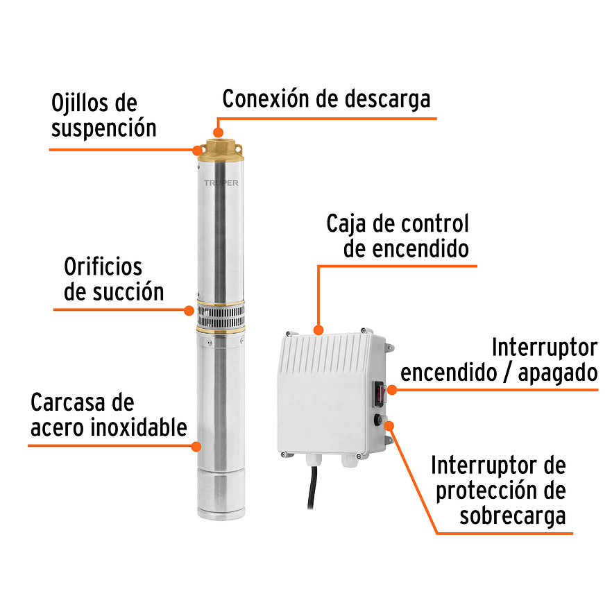 Bomba de Agua Sumergible Tipo Bala TRUPER 102975 1 HP (220V) 2