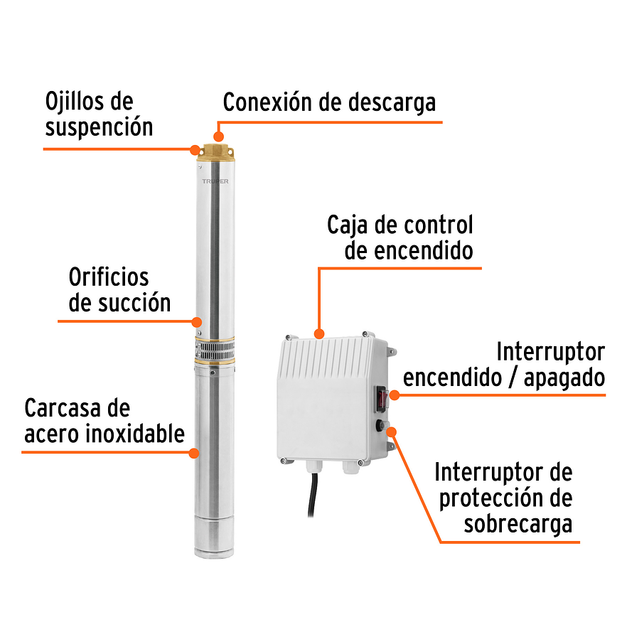 Bomba de Agua Sumergible Tipo Bala TRUPER 102977 2 HP (80m Altura, 220V) 2