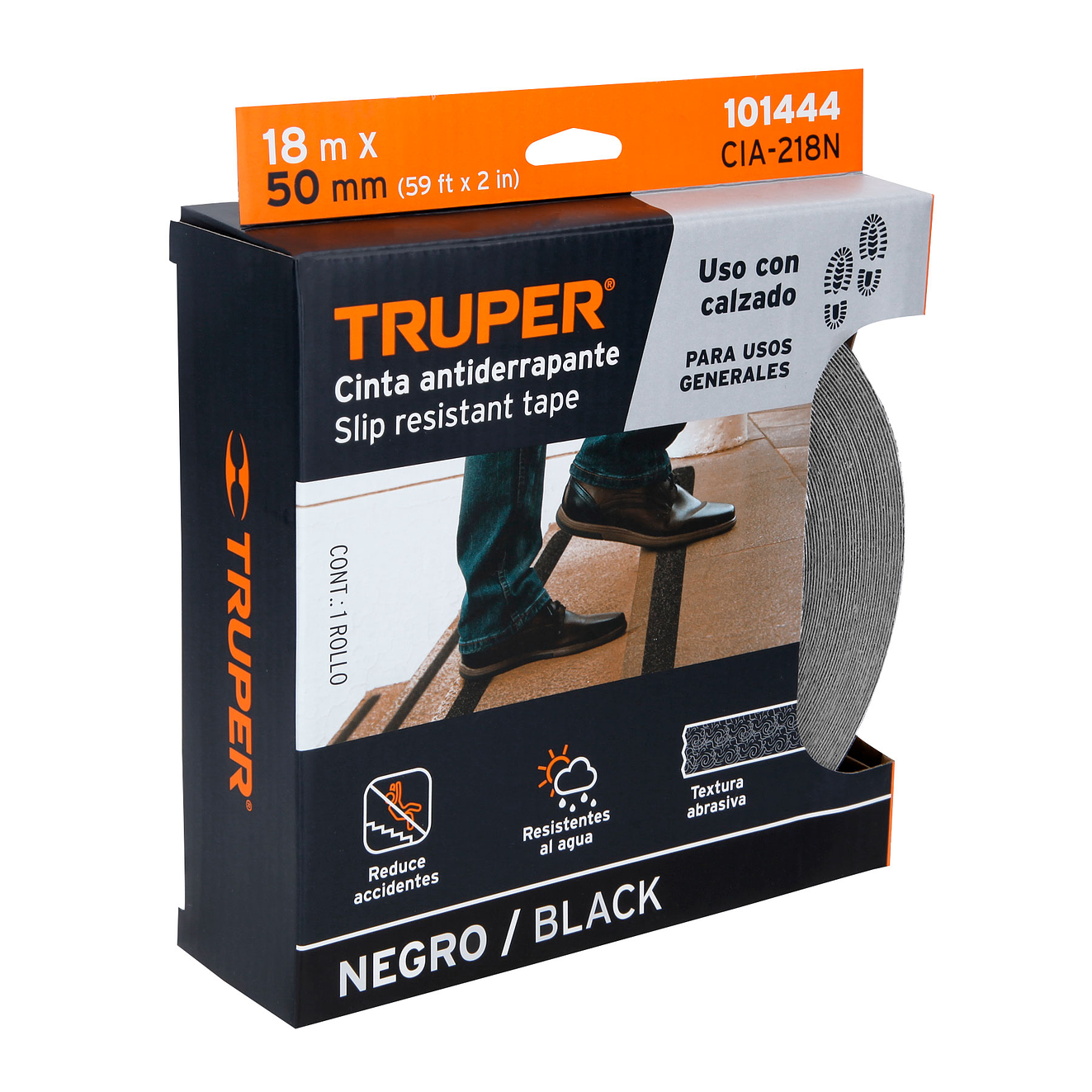 Cinta antiderrapante negra con abrasivo Truper 101444, 50mm x 18m