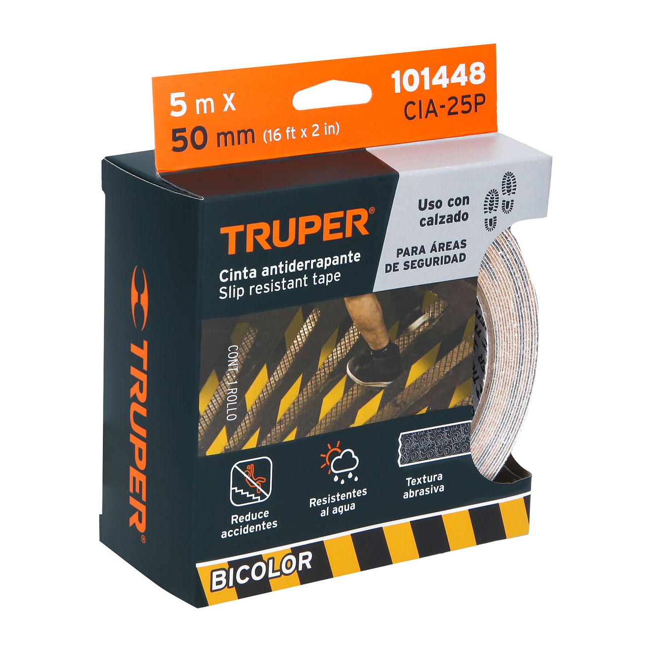 Cinta antiderrapante ama/negra con abrasivo Truper 101448, 50mm x 5m