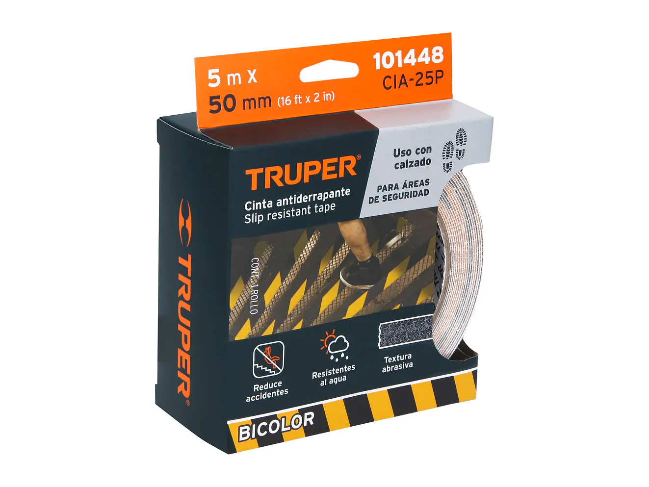Cinta antiderrapante ama/negra con abrasivo Truper 101448, 50mm x 5m