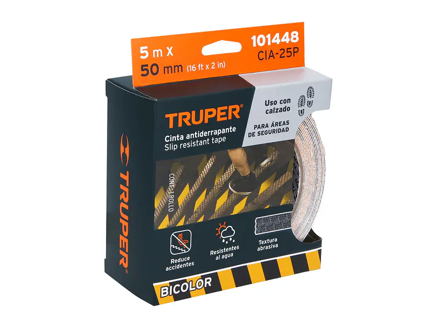 Cinta antiderrapante ama/negra con abrasivo Truper 101448, 50mm x 5m
