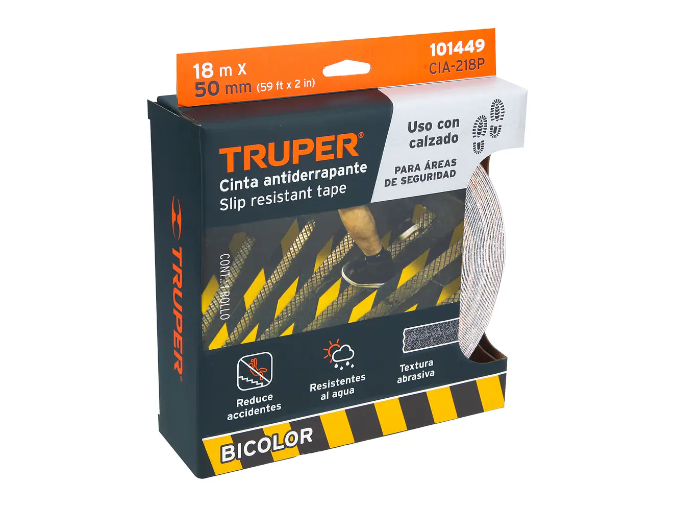 Cinta antiderrapante ama/negra con abrasivo Truper 101449, 50mm x 18m