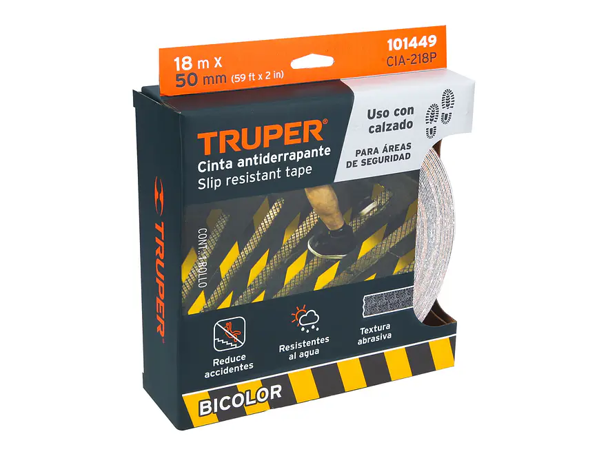 Cinta antiderrapante ama/negra con abrasivo Truper 101449, 50mm x 18m