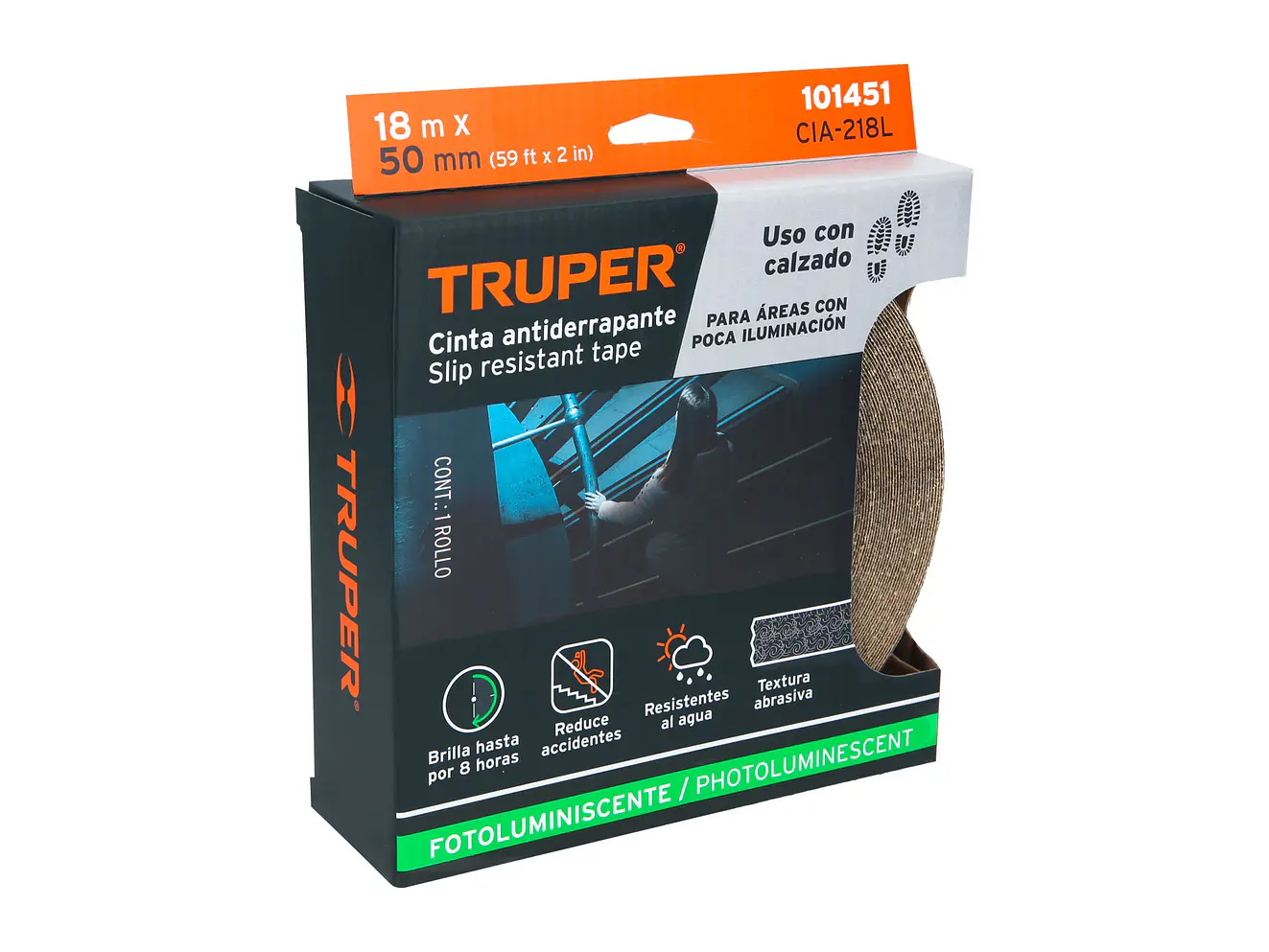 Cinta antiderrapante fotoluminiscente con abrasivo Truper 101451, 50mm x 18m