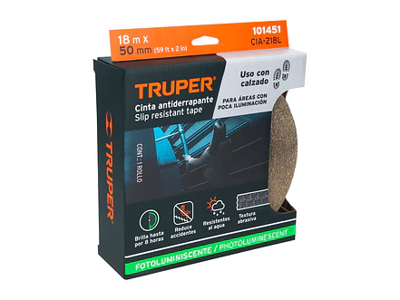 Cinta antiderrapante fotoluminiscente con abrasivo Truper 101451, 50mm x 18m