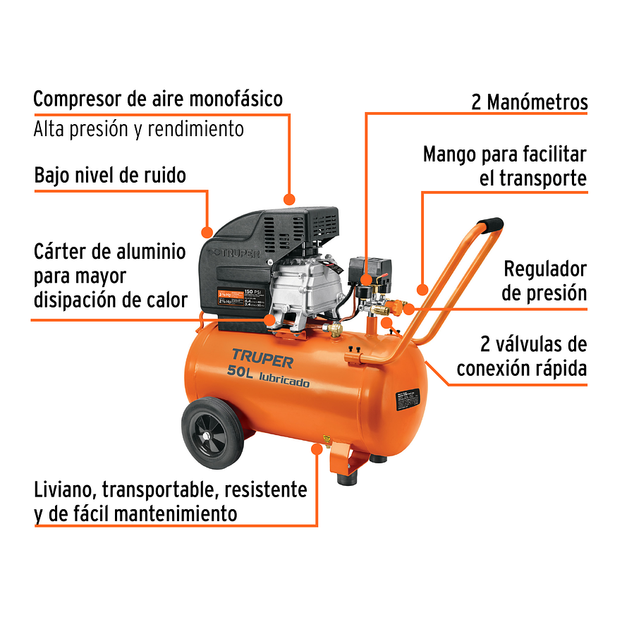Kit Compresor Truper 16095, 50L Lubricado, 127V - Foto 2 | aztools.co