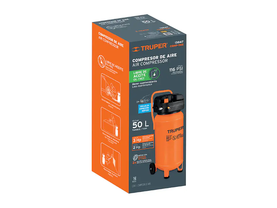 Compresor Libre de Aceite Truper 13847, 50L, 3HP, Vertical - Foto 4 | aztools.co