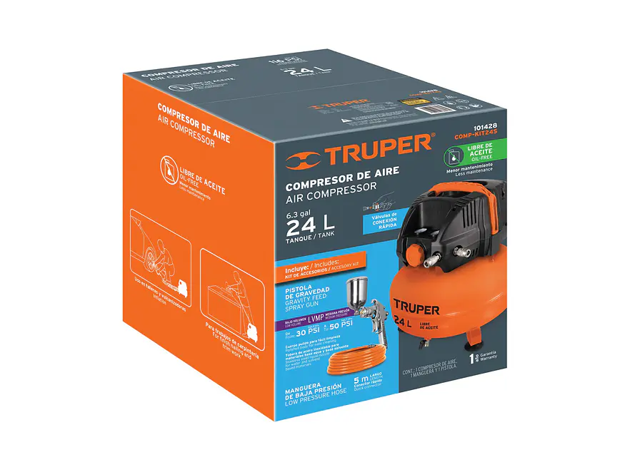 Kit Compresor Truper 101428, 24L Sin Aceite, 127V - Foto 4 | aztools.co