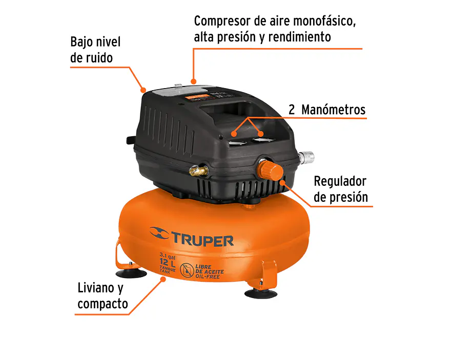 Compresor Libre de Aceite Truper 13824, 12L, 1HP, 127V - Foto 2 | aztools.co