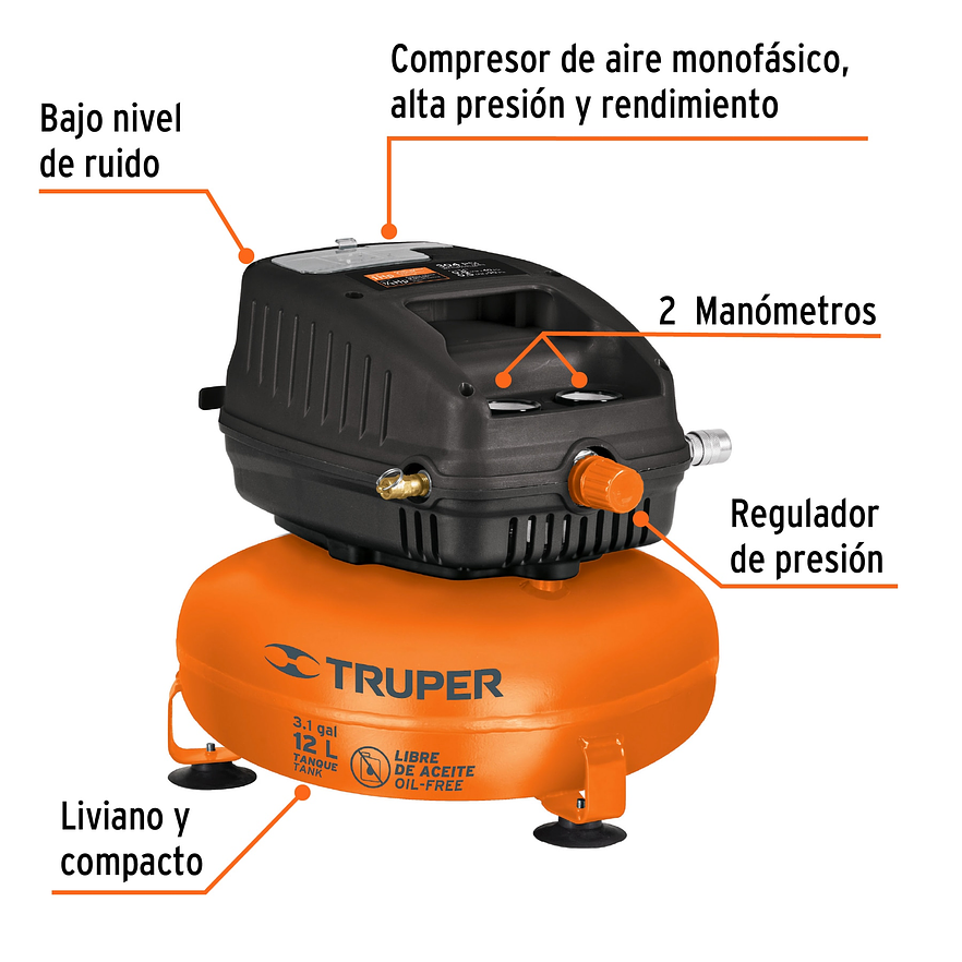 Compresor Libre de Aceite Truper 13824, 12L, 1HP, 127V 2