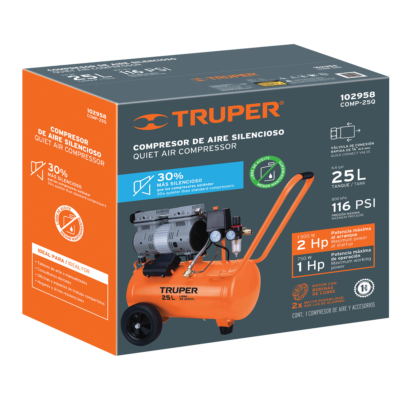Compresor de Aire Silencioso Truper 102958, 25 L, 2 HP 5