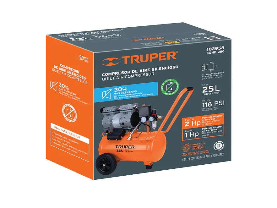 Compresor de Aire Silencioso Truper 102958, 25 L, 2 HP - Foto 5 | aztools.co