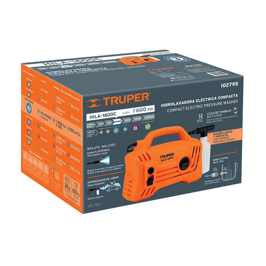 Hidrolavadora eléctrica Truper 102795 compacta 1600 PSI,  6