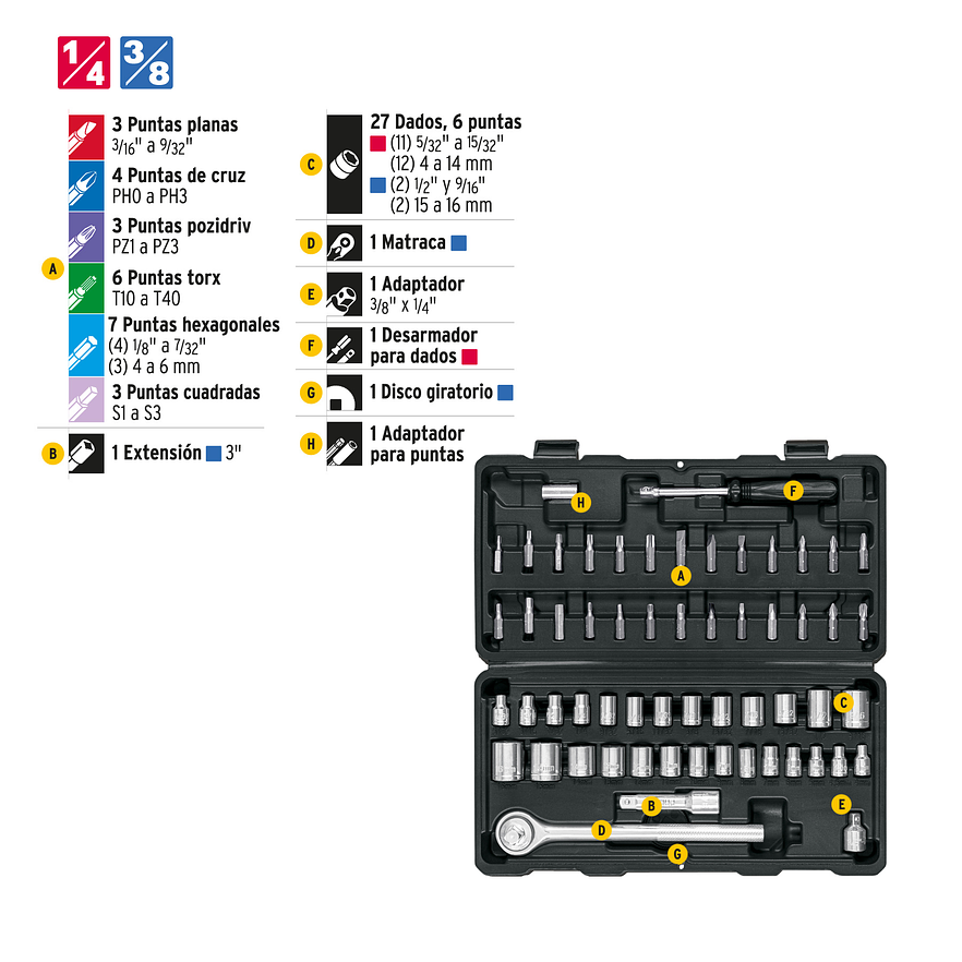 Juego de 60 Herramientas Pretul 26090, 1/4