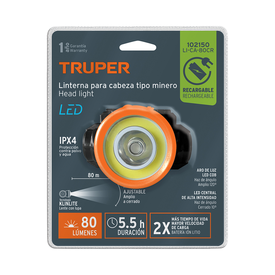 Linterna de Minero LED Truper 102150, Recargable, 80 lm 6