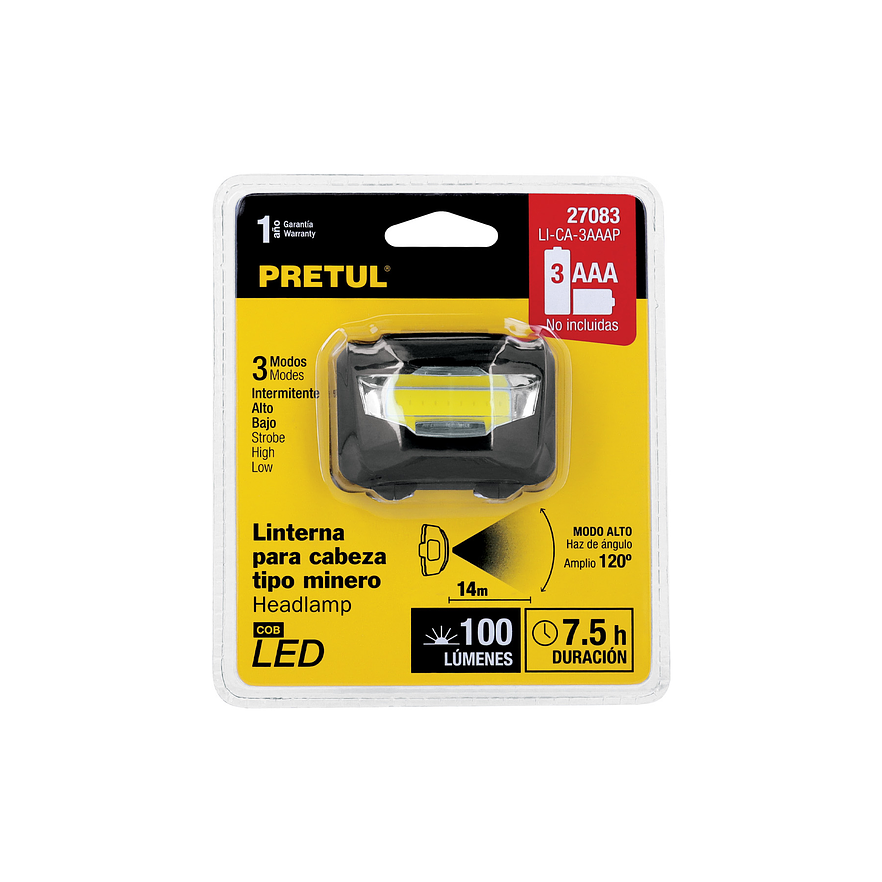 Linterna de minero LED 100 lm Pretul 27083 de 3 pilas AAA,  7