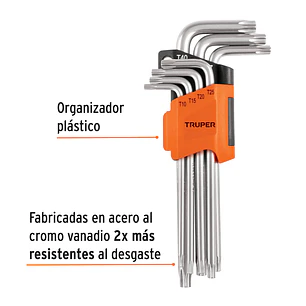 Juego de 7 llaves torx largas Truper 15553, organizador abatible 