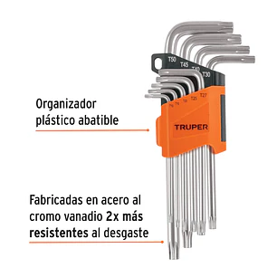 Juego de 9 llaves torx largas Truper 13647, organizador abatible 
