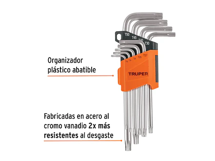 Juego de 9 llaves torx largas Truper 13647, organizador abatible  - Foto 2 | aztools.co