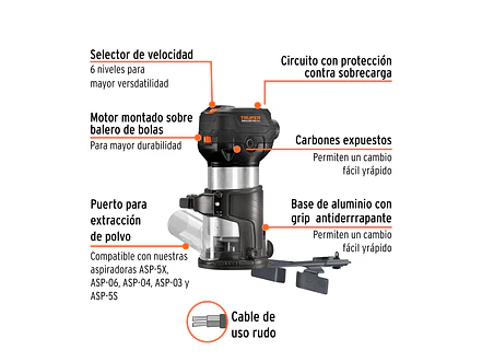 Router, Rebajadora, compacto Truper 102315 710W, 3/4 HP, Industrial - Foto 2 | aztools.co
