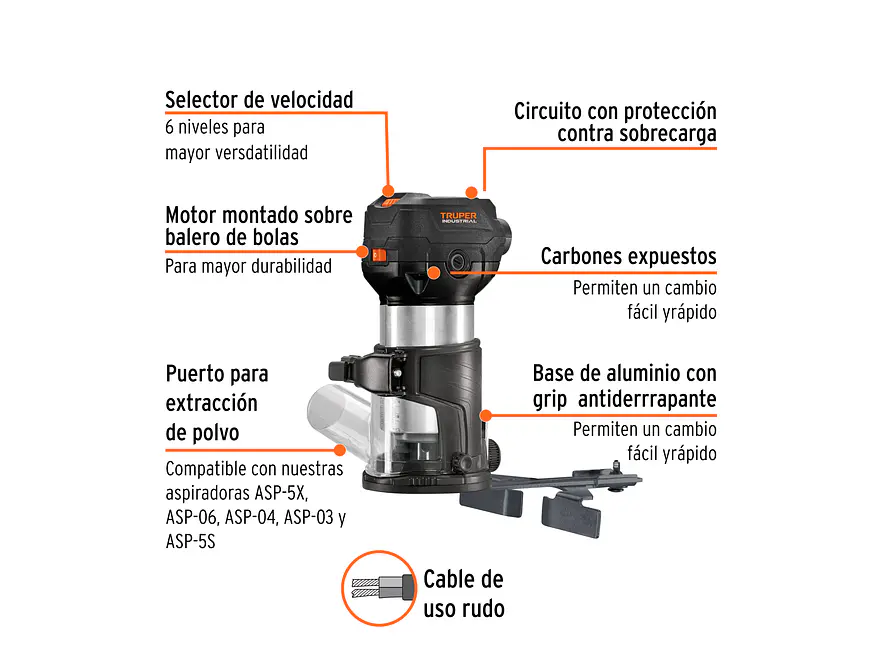 Router, Rebajadora, compacto Truper 102315 710W, 3/4 HP, Industrial - Foto 2 | aztools.co